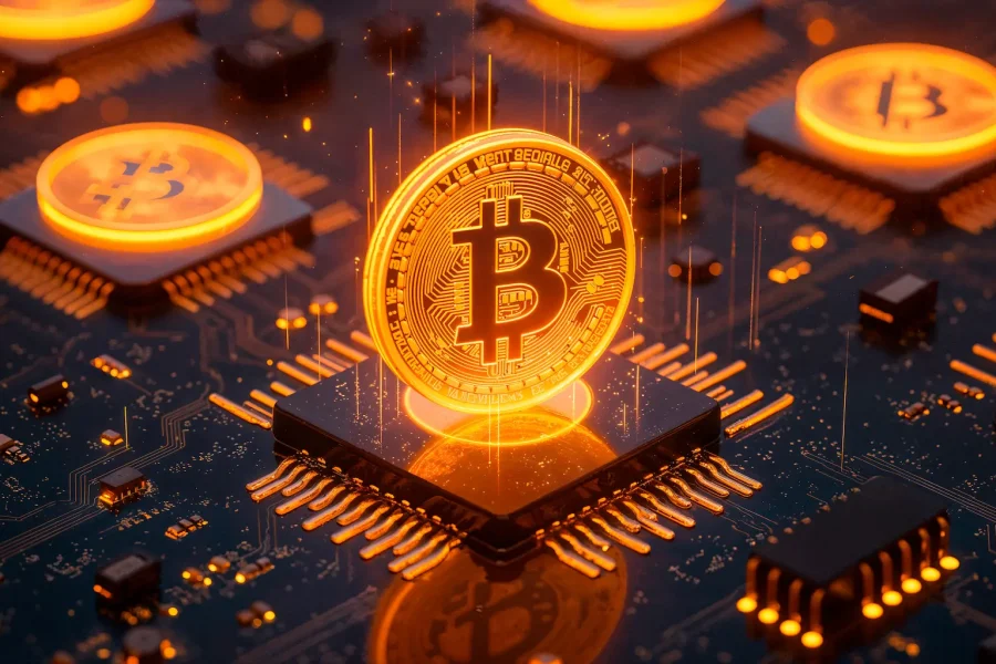 Un símbolo de Bitcoin resplandeciente sobre un chip de ordenador, rodeado de otros iconos de Bitcoin iluminados sobre una placa de circuitos, representa la criptomoneda, la tecnología digital y la IA en el estudio de las finanzas innovadoras.