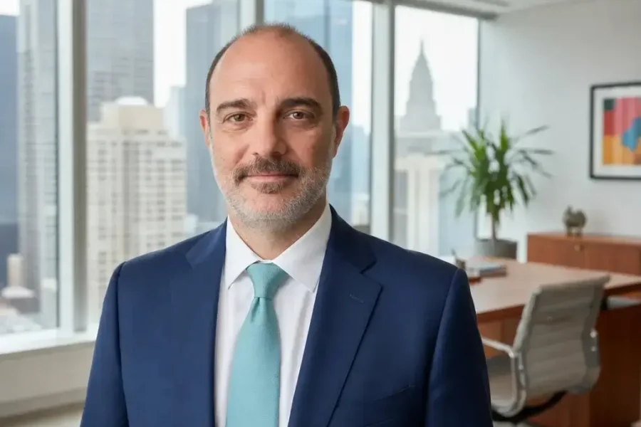 Un hombre vestido con un traje azul y una corbata azul claro se encuentra de pie en una oficina moderna con grandes ventanales que ofrecen vistas al perfil urbano de la ciudad. Sobre el escritorio que tiene detrás, entre la silla, la planta y los cuadros, hay un borrador automático, lo que da una idea de que se trata de un espacio de trabajo innovador y eficiente.