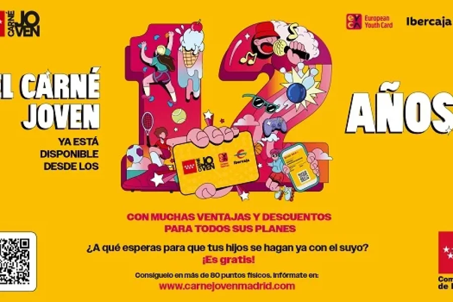 Cartel promocional del Carné Joven de Madrid en el que aparecen el número 12 a gran tamaño, un código QR y un texto que invita a los jóvenes a solicitar su Carné Joven gratuito para disfrutar de descuentos y ventajas.