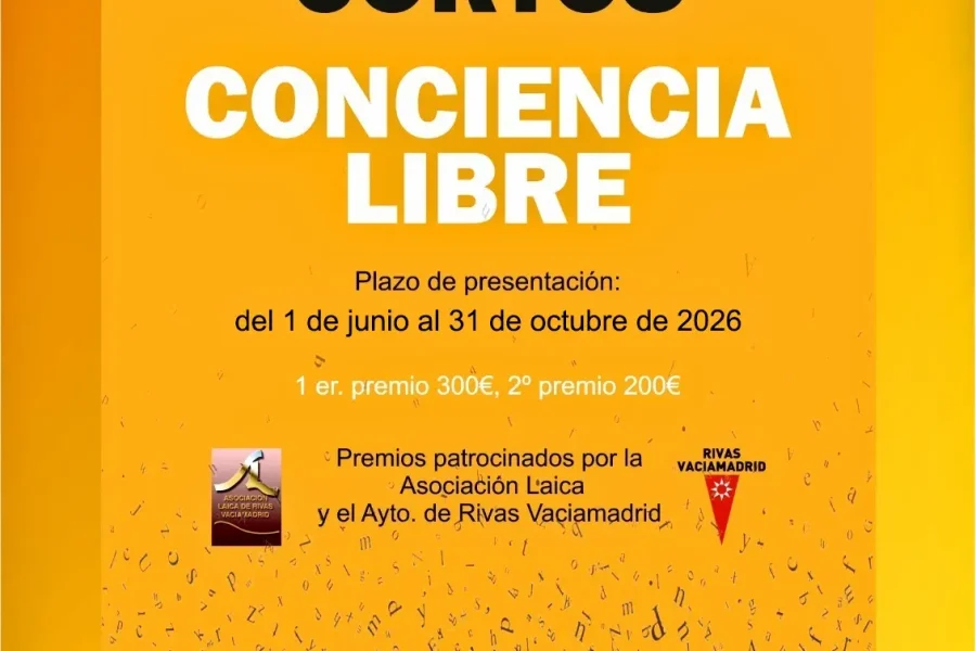 Cartel anunciador del V Certamen de Relato Corto "Conciencia Libre" con fechas de presentación, premios, logotipos de los patrocinadores y una ilustración de una mano que utiliza un borrador automático para escribir en un papel, rodeada de letras flotantes.