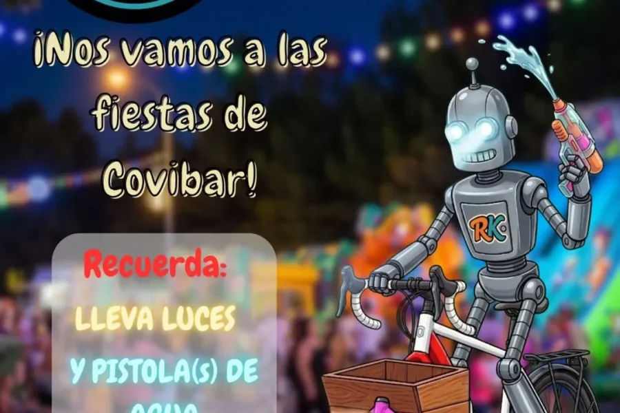 Cartel de una fiesta ciclista nocturna en Rivas en el que aparece un robot montado en una bici y con una pistola de agua en la mano. Acompáñanos el sábado 20 de junio a las 20:30 en las taquillas de Miguel Ríos. ¡No te olvides de las luces y las pistolas de agua!.