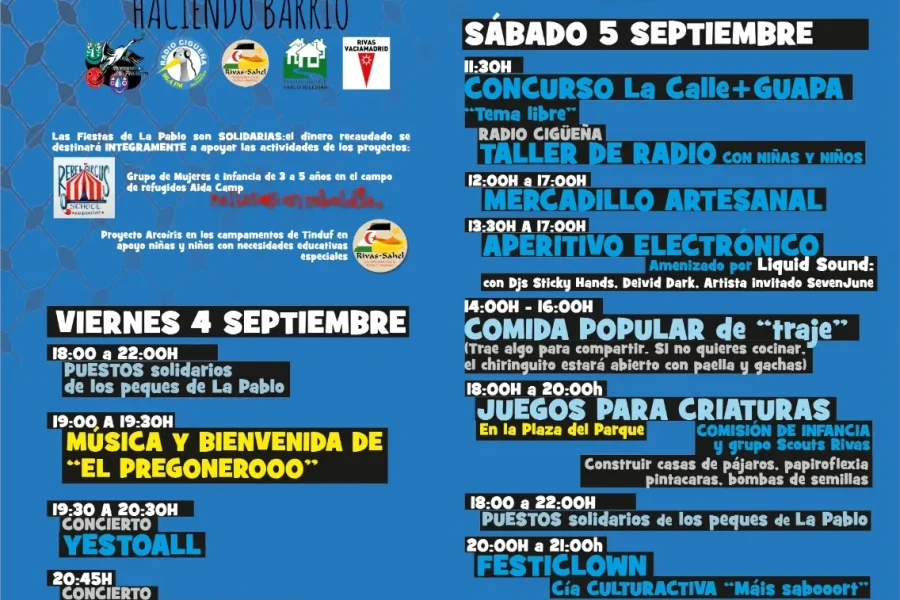 Cartel colorido del evento, creado con Borrador automático, para la 13.ª edición de las Fiestas de La Pablo en Rivas Vaciamadrid, en el que se detallan los horarios, las actividades y las horas correspondientes a los días 4 y 5 de septiembre de 2026. Incluye los nombres de los eventos, los lugares de celebración y la información de contacto sobre un fondo azul y amarillo de vivos colores.