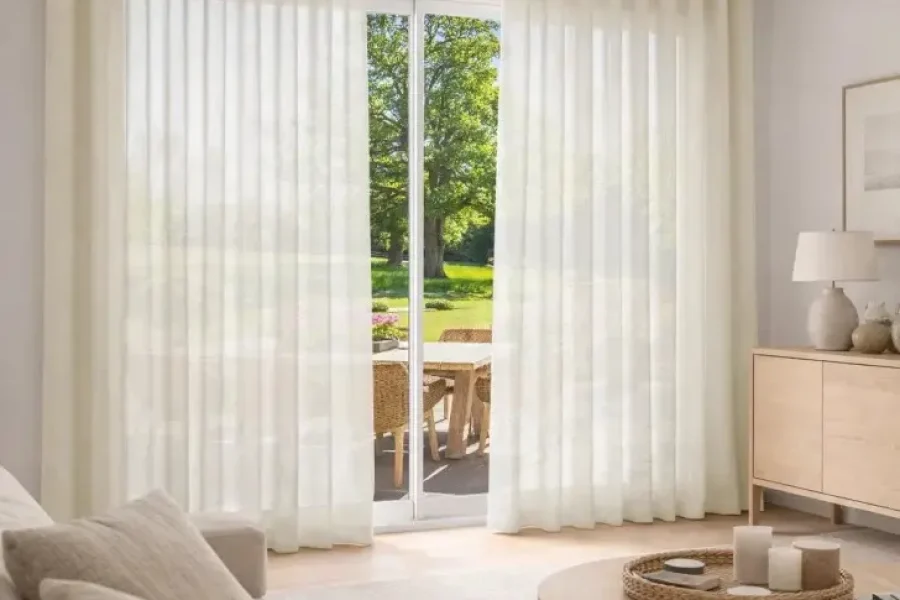 Un luminoso salón con cortinas blancas que cubren una puerta corredera de cristal, sofá beige con cojines, mesa de centro redonda de madera con velas, un aparador de madera clara, lámparas y arte mural. En el exterior se ven árboles verdes; perfecto para tienda física o a medida online.