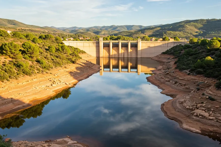 Una presa de hormigón, típica de embalses Comunidad de Madrid, salva un río con bajo nivel de agua, dejando al descubierto unas orillas secas y rocosas. Árboles y verdes colinas rodean la zona bajo un cielo azul con ligeras nubes.