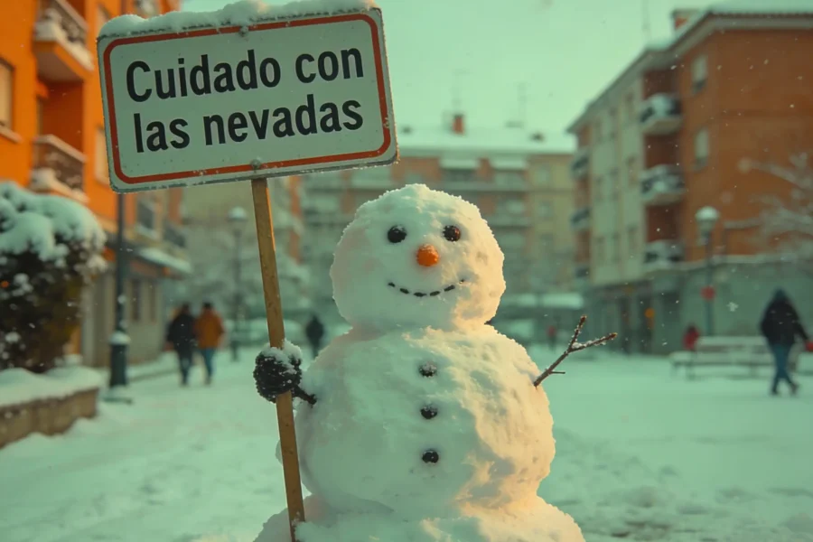 Un muñeco de nieve con un cartel que dice Cuidado con las nevadas se encuentra en medio de una calle nevada de la Comunidad de Madrid, con edificios, algunas personas y señales de bajada de temperaturas alrededor. La nieve cubre el suelo y los objetos cercanos.