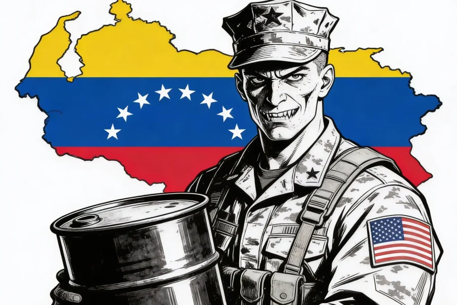 Un soldado con rostro severo y uniforme militar estadounidense sostiene un barril de petróleo, símbolo de la intervención militar EE. UU., ante un contorno de Venezuela con los colores y las estrellas de la bandera del país.