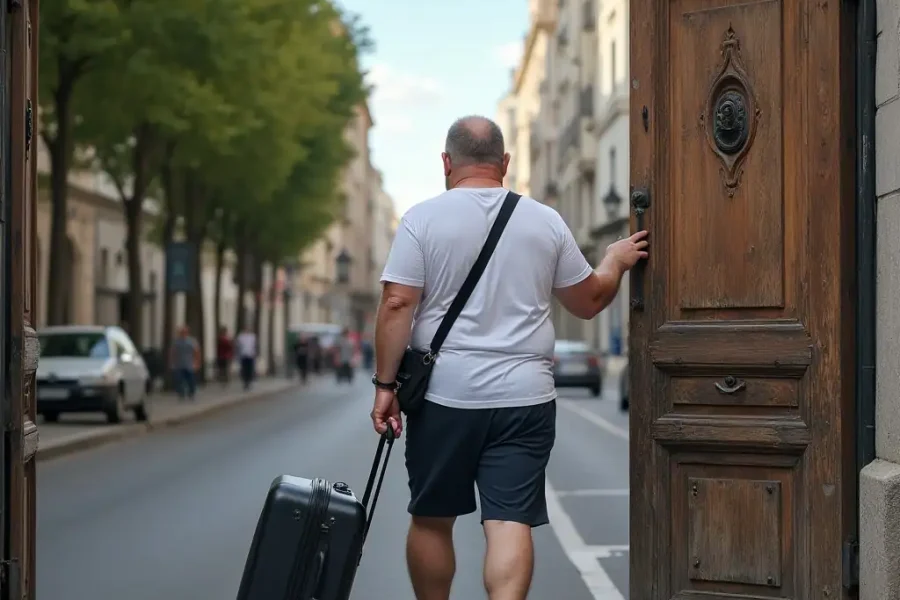 Un hombre vestido con ropa informal y con una maleta de ruedas sale por una gran puerta de madera a una calle de la ciudad bordeada de árboles y edificios, lo que refleja la creciente presencia de viviendas turísticas y la evolución de las normas en la ciudad bajo la administración de Ayuso.