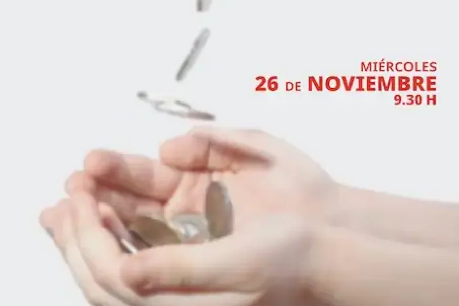 Una mano atrapa monedas que caen, con texto en español sobre un acto del sistema público de pensiones de CCOO el miércoles 26 de noviembre a las 9:30 horas en Rivas-Vaciamadrid. El fondo es blanco con texto en rojo y gris.