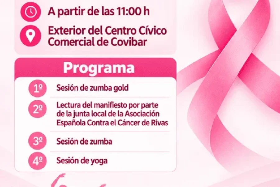 Folleto del evento para un programa con motivo del Día Mundial de Concienciación sobre el Cáncer de Mama, que tendrá lugar el 25 de octubre en el Centro Cívico Covibar, con clases de Zumba y yoga para promover la actividad física como forma de lucha contra el cáncer de mama.