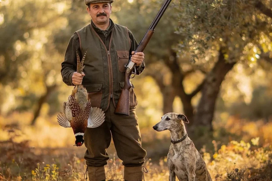 Un hombre vestido de cazador y con gorra plana se encuentra al aire libre sosteniendo una escopeta y un faisán, con su fiel perro a su lado entre árboles iluminados por el sol, capturando el espíritu del campo en medio de debates como la Manifestación contra la Ley de Caza.