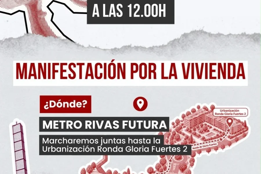 Cartel de protesta en defensa del derecho a la vivienda, el sábado 24 de octubre a las 12:00 h, con salida desde la estación de metro Rivas Futura y llegada a la urbanización Ronda Gloria Fuertes 2, elaborado con un borrador eléctrico.