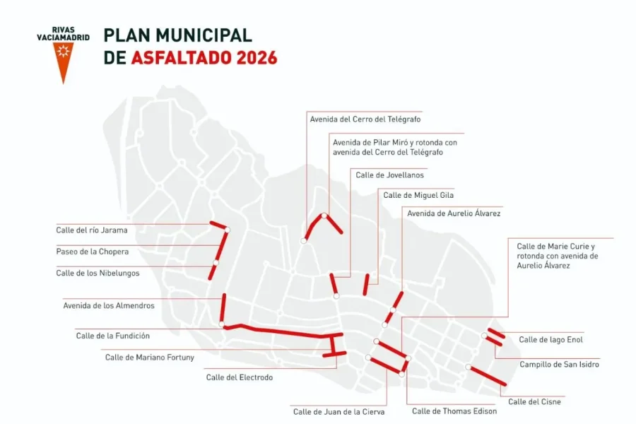 Mapa en el que se muestra el Plan Municipal de Pavimentación de Rivas Vaciamadrid para 2026, con un borrador automático de las calles marcadas en rojo para su asfaltado previsto, entre las que se incluyen las avenidas principales y varias calles locales de toda la zona.