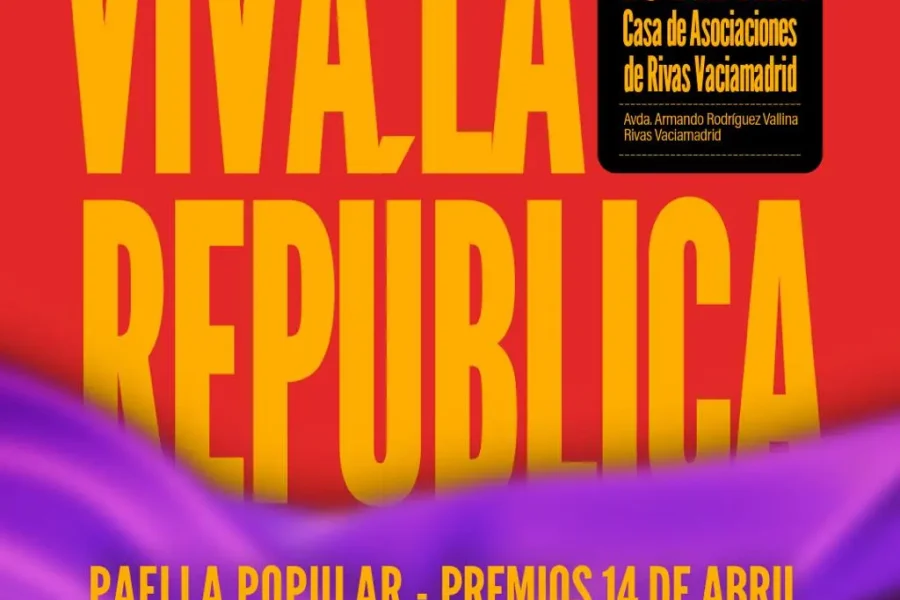 Cartel de evento (borrador automático) con el texto Viva la República en grandes letras amarillas sobre fondo morado, rojo y amarillo, promoviendo una celebración el 18 de abril en Rivas Vaciamadrid con música, comida y actividades.