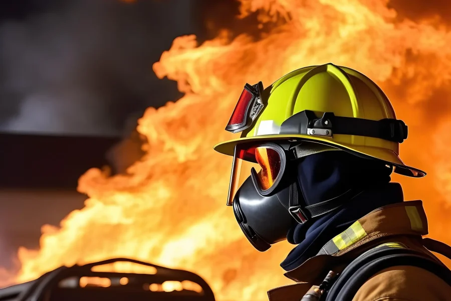 Un bombero, equipado con el equipo de protección completo y el casco, se encuentra frente a un gran incendio con llamas altísimas y humo elevándose a sus espaldas, respondiendo con valentía a una emergencia como parte del Ayuntamiento de Rivas, en la Comunidad de Madrid, donde se realizan esfuerzos continuos para reducir la tasa de incendios.