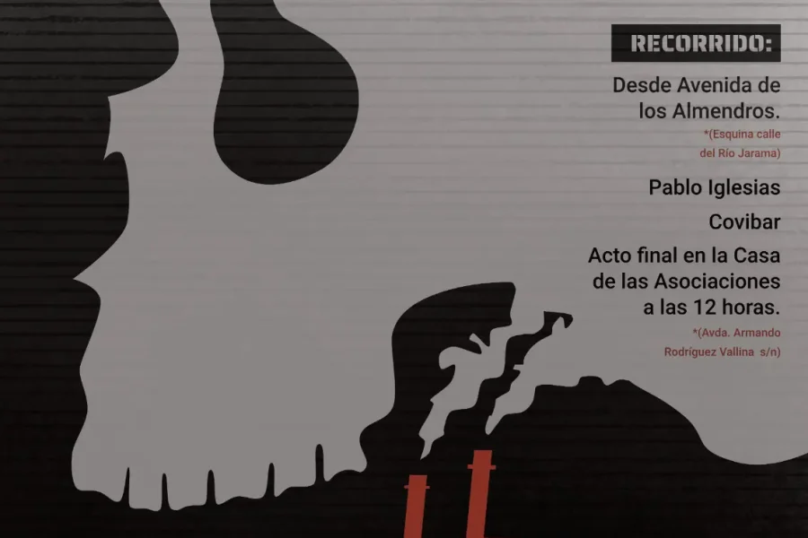 Cartel con una calavera gris y una fábrica roja que emite humo negro, promoviendo la nueva protesta: Marcha San Cinerato-6ª Marcha de Rivas contra las incineradoras el 7 de junio a las 11 de la mañana, con detalles del recorrido y los nombres de los organizadores en las redes sociales.