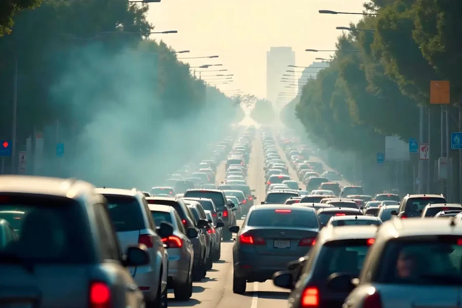 Una amplia carretera de Arganda está repleta de tráfico pesado en ambas direcciones, los coches densamente apiñados y el humo de los tubos de escape visible en el aire. Los ecologistas piden medidas más estrictas contra el ZBE mientras altos árboles bordean la calle y edificios lejanos se alzan al fondo.
