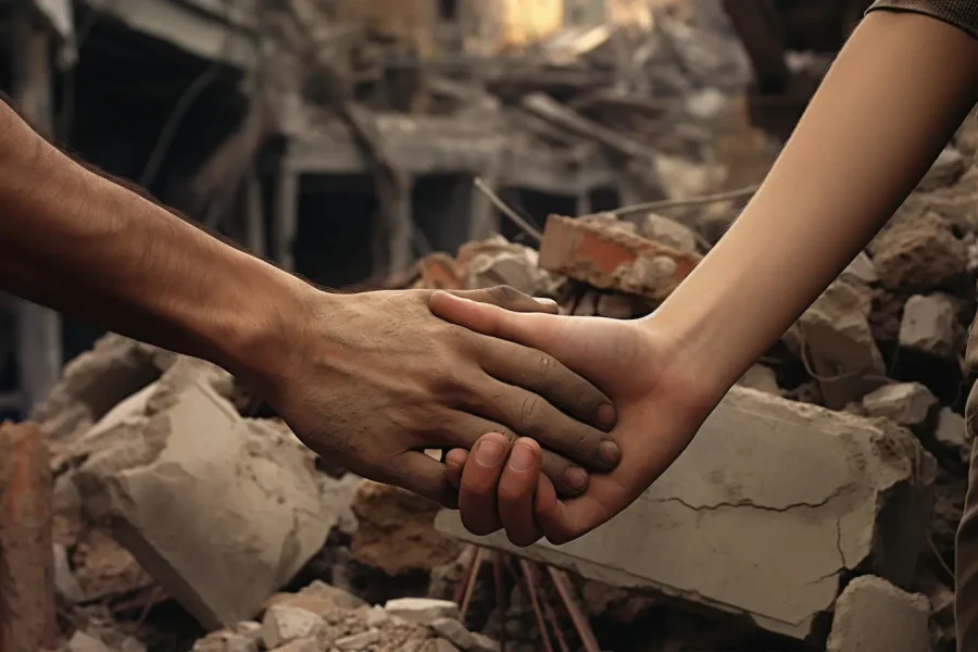Dos personas se dan la mano entre los escombros de un edificio destruido, con restos y trozos de hormigón al fondo. Una de las manos parece cubierta de polvo, y la escena sugiere apoyo o solidaridad —una reacción casi instintiva— ante una catástrofe o una situación de crisis.