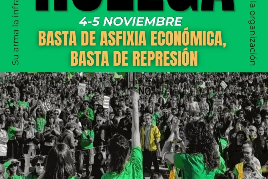Cartel de protesta con motivo de una huelga en las universidades públicas de Madrid los días 4 y 5 de noviembre, en el que aparece una multitud con camisetas verdes y el texto HUELGA: BASTA DE ASFIXIA ECONÓMICA, BASTA DE REPRESIÓN.