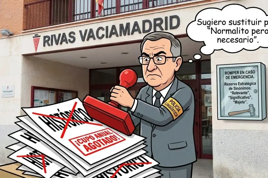 Un hombre de aspecto serio, trajeado y con gafas, está de pie frente a un edificio llamado Rivas, sellando papeles con la inscripción ¡Copa anual agotada! Piensa, Sugiero sustituir por: Normalito pero necesario en comunicados municipales.