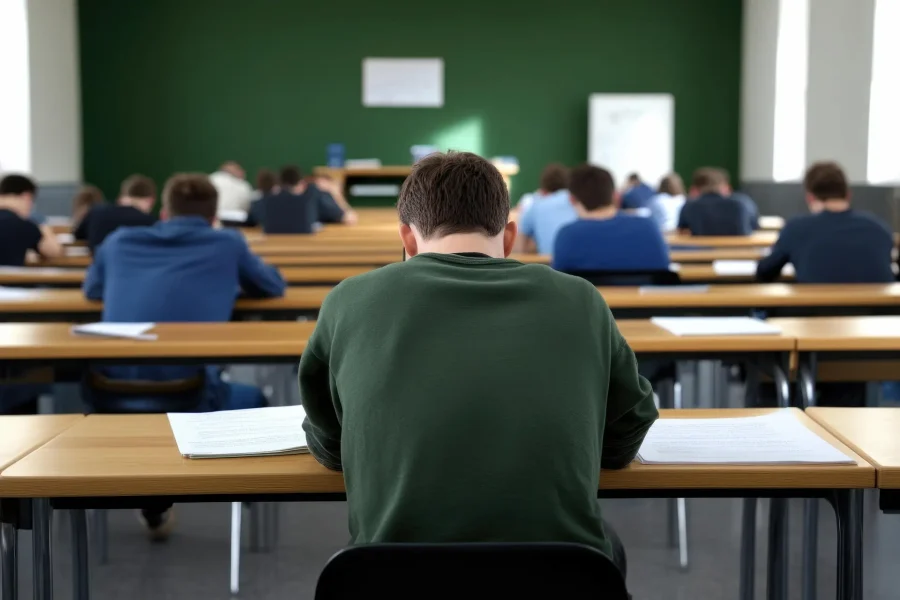 Los alumnos están sentados en sus pupitres en un aula, distribuidos a una distancia uniforme entre sí, realizando un examen o una prueba de asignaturas como matemáticas o ciencias. La imagen se ve desde detrás de un alumno que lleva un jersey verde. El aula tiene una pared verde y varias ventanas por las que entra luz natural.